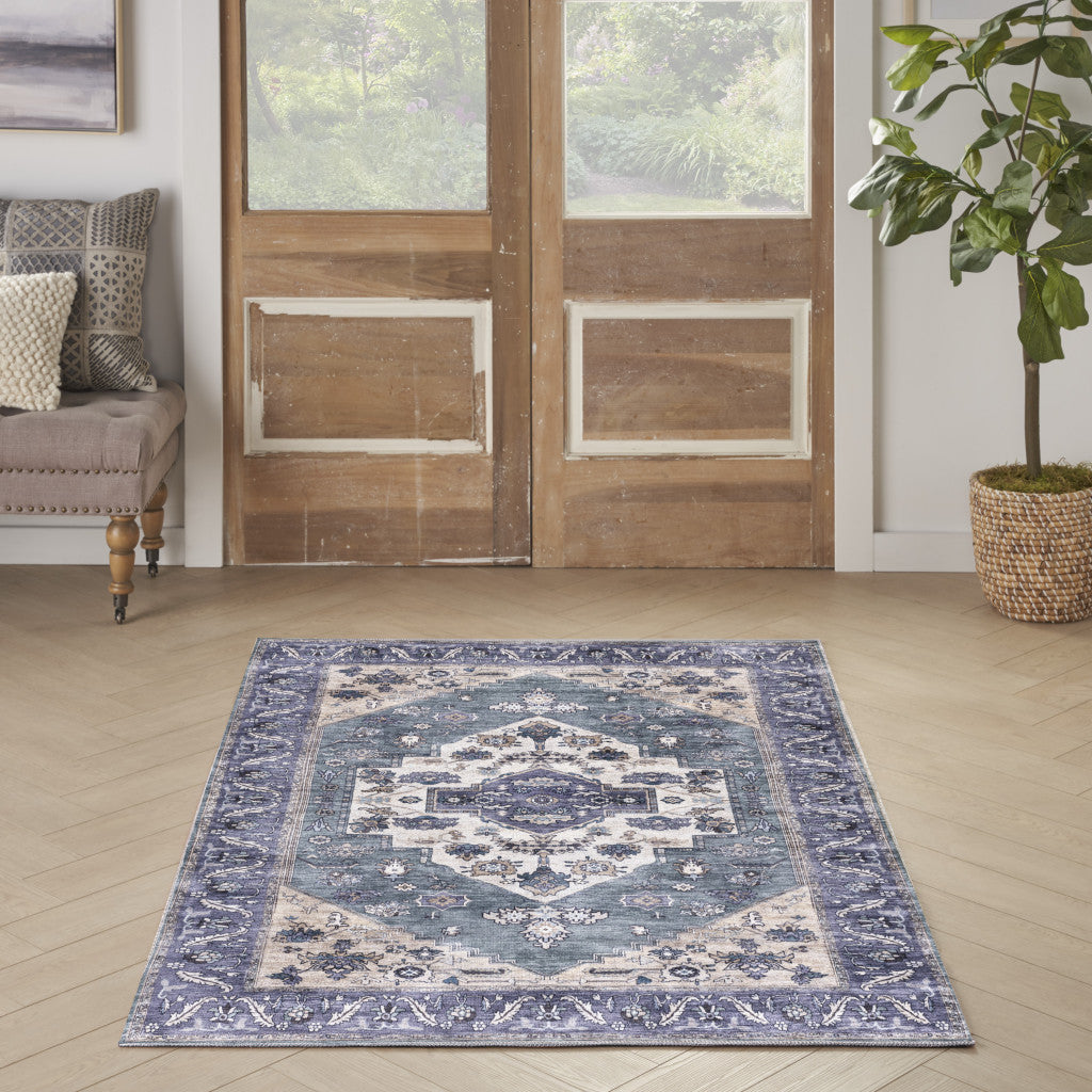 4' X 6' Blue and Beige Oriental Power Loom Distressed Washable Non Skid Area Rug