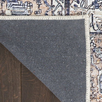 4' X 6' Ivory and Blue Oriental Power Loom Distressed Washable Non Skid Area Rug