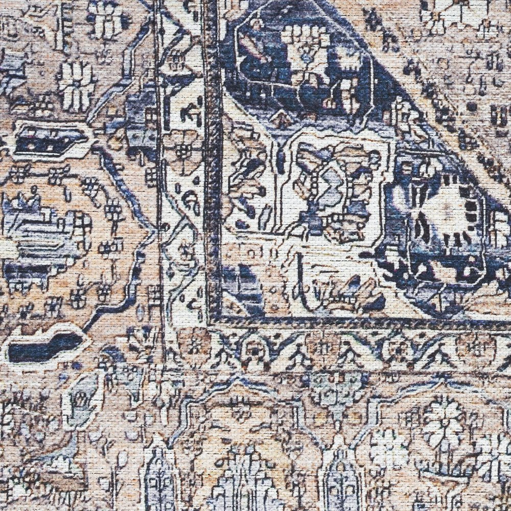 4' X 6' Ivory and Blue Oriental Power Loom Distressed Washable Non Skid Area Rug