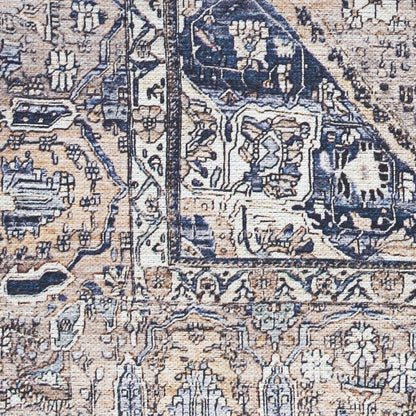 4' X 6' Ivory and Blue Oriental Power Loom Distressed Washable Non Skid Area Rug
