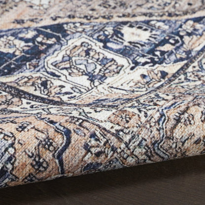 4' X 6' Ivory and Blue Oriental Power Loom Distressed Washable Non Skid Area Rug