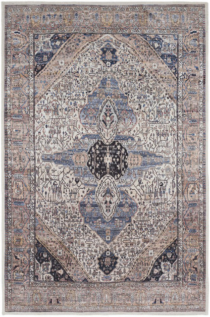 4' X 6' Ivory and Blue Oriental Power Loom Distressed Washable Non Skid Area Rug