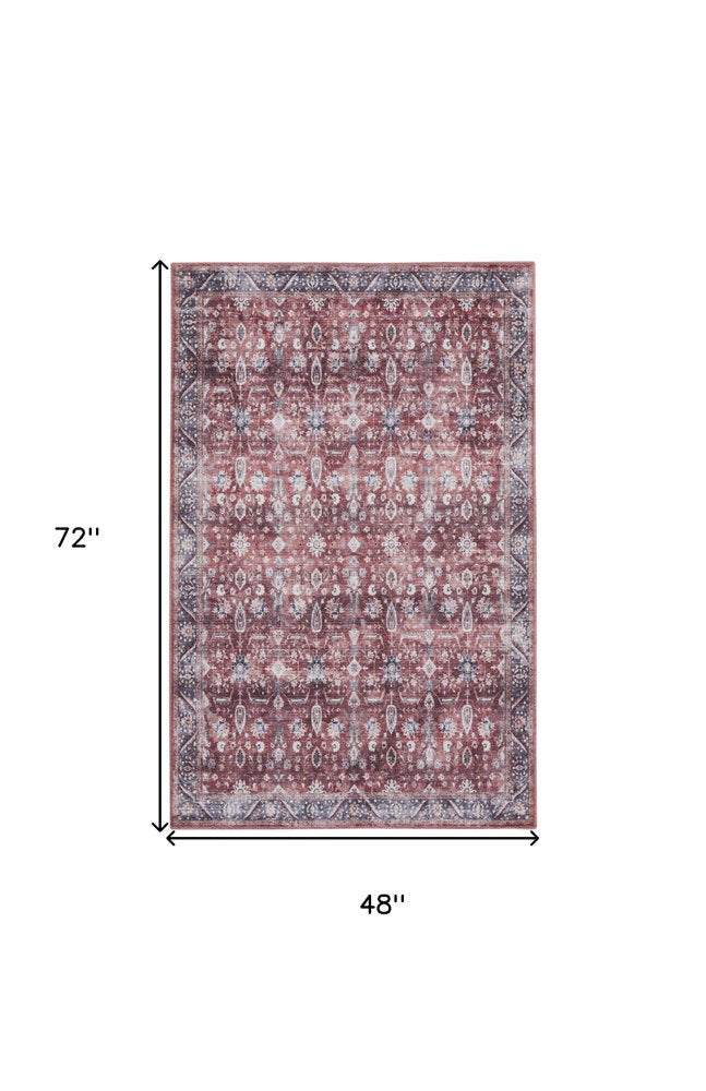 4' X 6' Red and Ivory Oriental Power Loom Distressed Washable Non Skid Area Rug