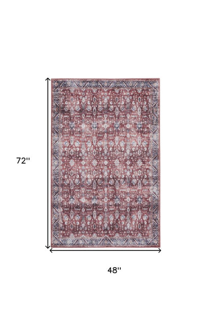 4' X 6' Red and Ivory Oriental Power Loom Distressed Washable Non Skid Area Rug
