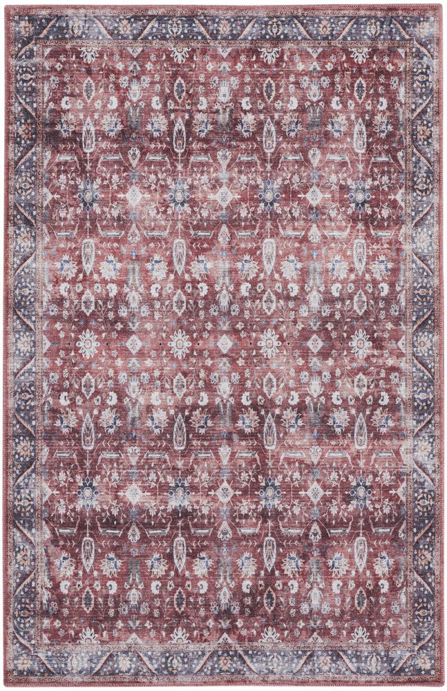 4' X 6' Red and Ivory Oriental Power Loom Distressed Washable Non Skid Area Rug