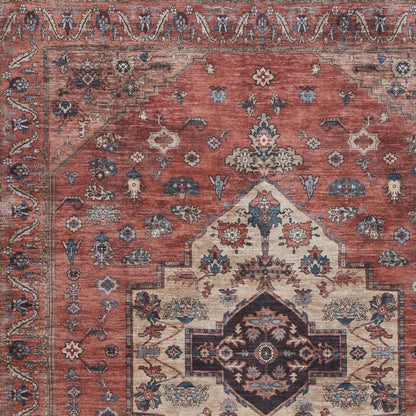 5' X 7' Blue and Red Oriental Power Loom Distressed Washable Non Skid Area Rug