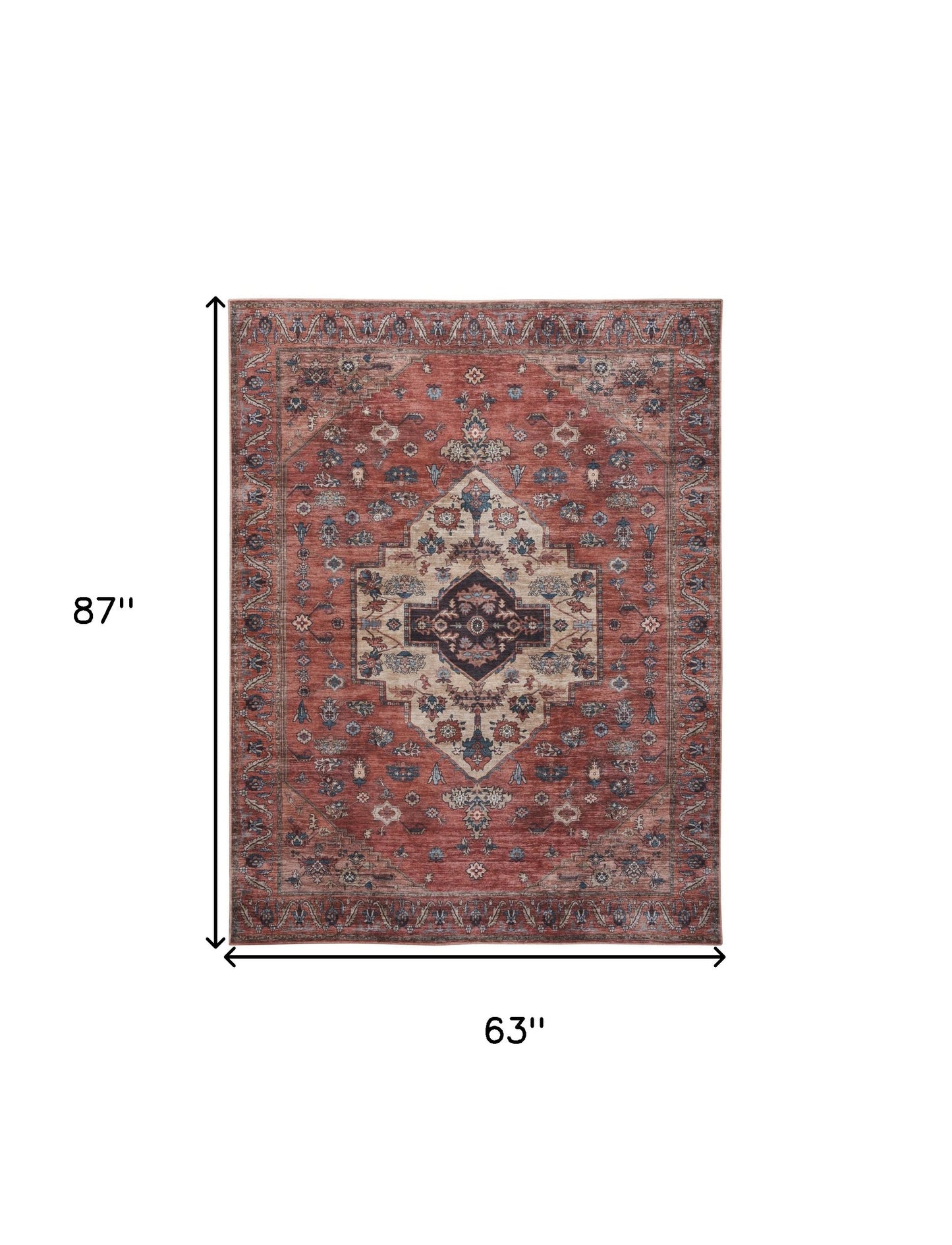 5' X 7' Blue and Red Oriental Power Loom Distressed Washable Non Skid Area Rug