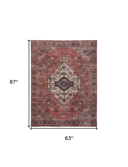 5' X 7' Blue and Red Oriental Power Loom Distressed Washable Non Skid Area Rug