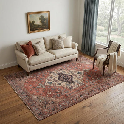 5' X 7' Blue and Red Oriental Power Loom Distressed Washable Non Skid Area Rug