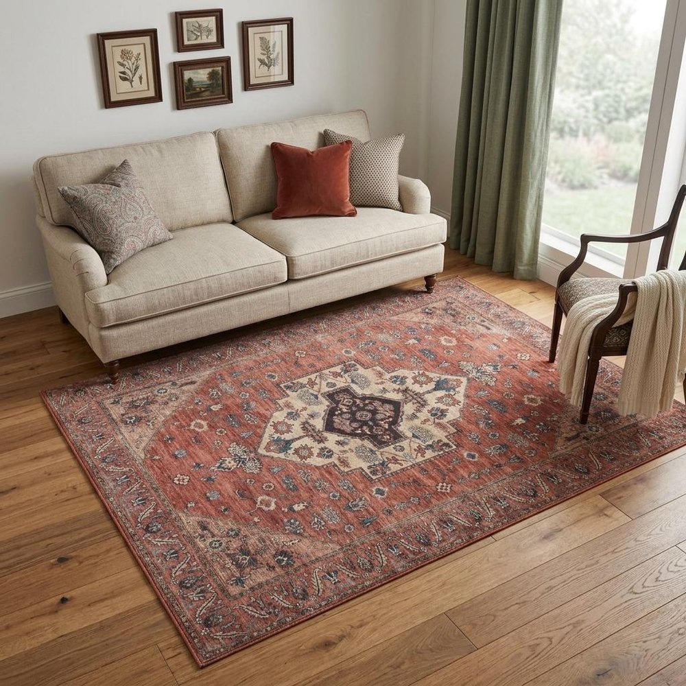 5' X 7' Blue and Red Oriental Power Loom Distressed Washable Non Skid Area Rug
