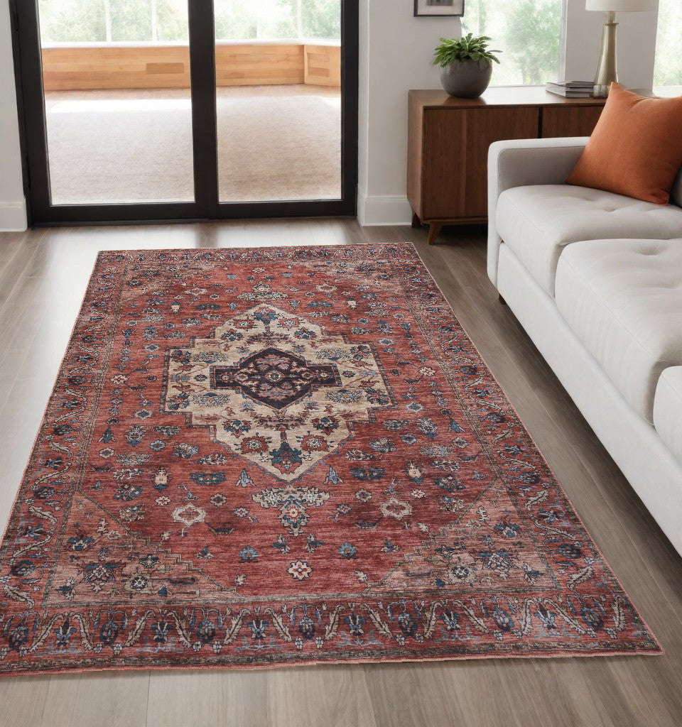 5' X 7' Blue and Red Oriental Power Loom Distressed Washable Non Skid Area Rug