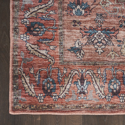 5' X 7' Blue and Red Oriental Power Loom Distressed Washable Non Skid Area Rug