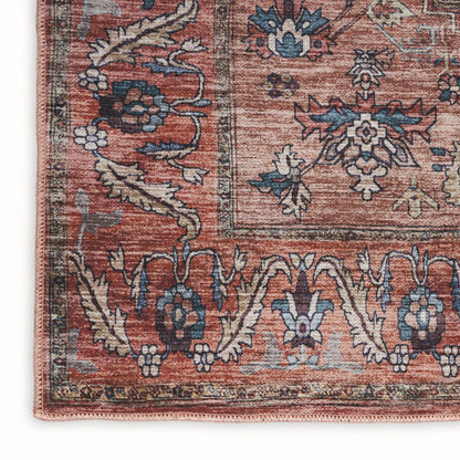 5' X 7' Blue and Red Oriental Power Loom Distressed Washable Non Skid Area Rug