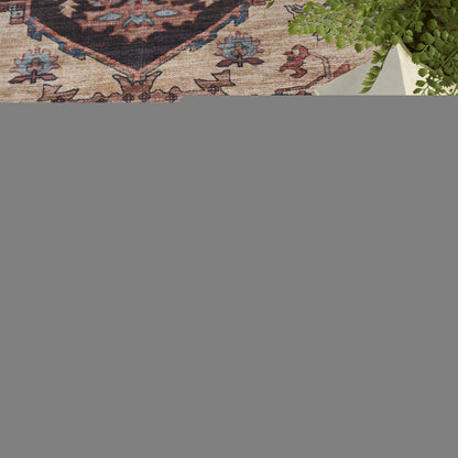 5' X 7' Blue and Red Oriental Power Loom Distressed Washable Non Skid Area Rug