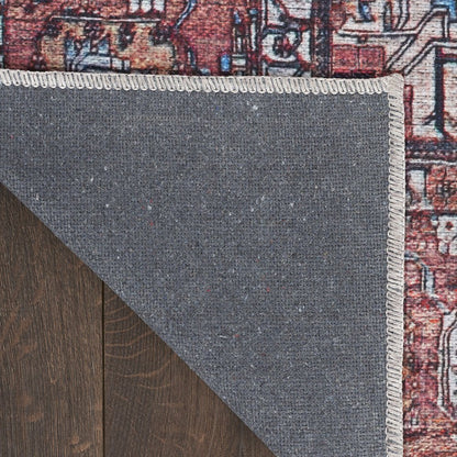 5' X 7' Red and Ivory Oriental Power Loom Distressed Washable Non Skid Area Rug