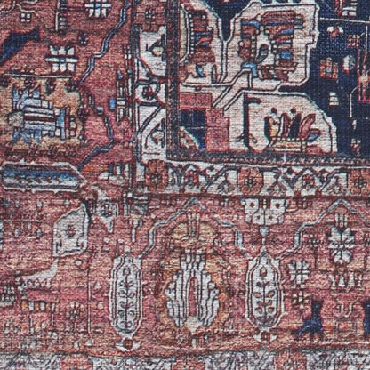 5' X 7' Red and Ivory Oriental Power Loom Distressed Washable Non Skid Area Rug