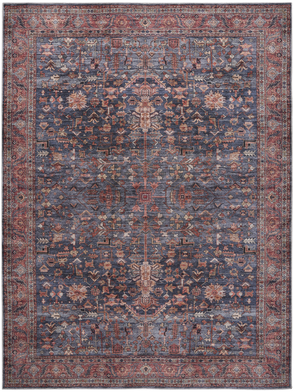 5' X 7' Blue and Red Oriental Power Loom Distressed Washable Non Skid Area Rug