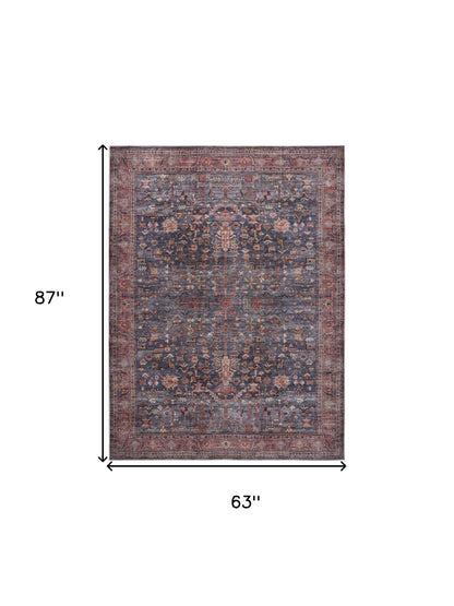 5' X 7' Blue and Red Oriental Power Loom Distressed Washable Non Skid Area Rug