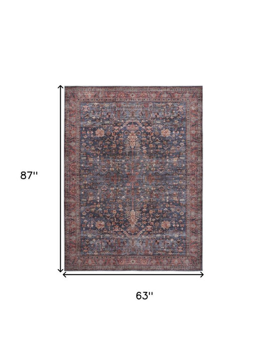 5' X 7' Blue and Red Oriental Power Loom Distressed Washable Non Skid Area Rug