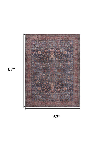 5' X 7' Blue and Red Oriental Power Loom Distressed Washable Non Skid Area Rug