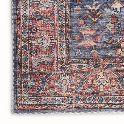 5' X 7' Blue and Red Oriental Power Loom Distressed Washable Non Skid Area Rug