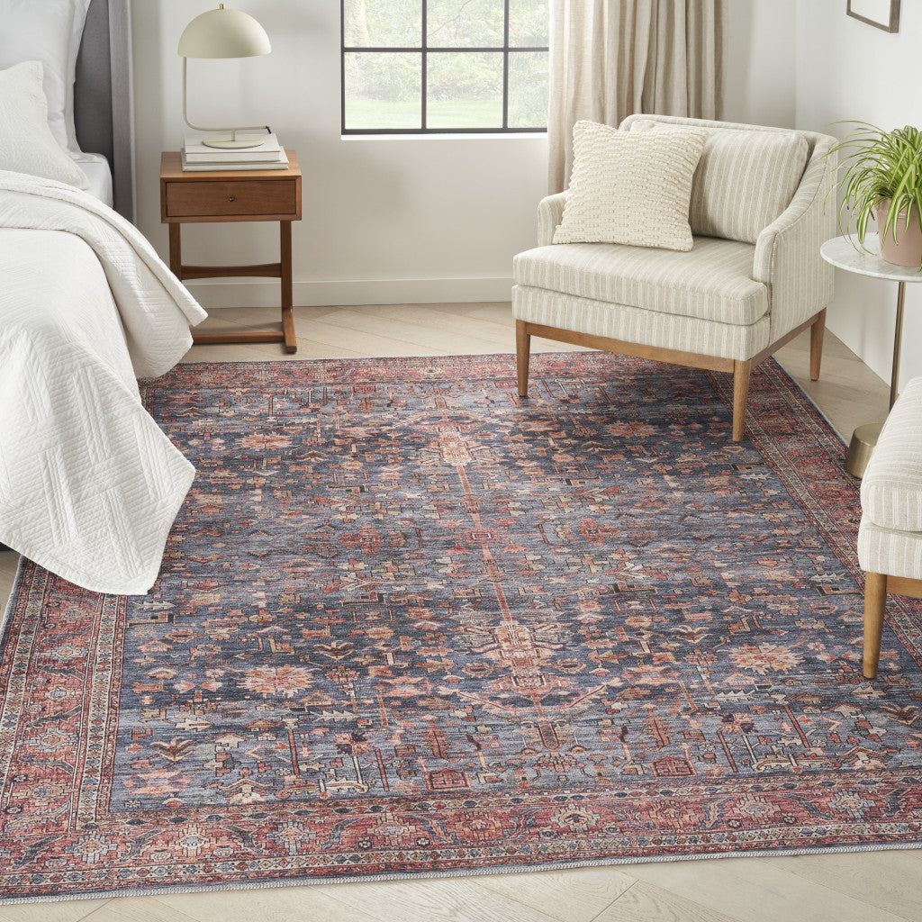 5' X 7' Blue and Red Oriental Power Loom Distressed Washable Non Skid Area Rug