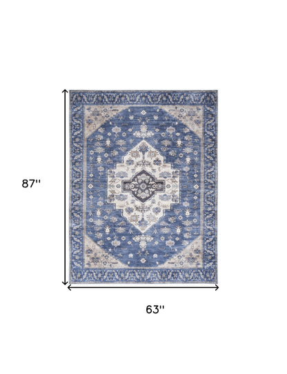 5' X 7' Blue and Beige Oriental Power Loom Distressed Washable Non Skid Area Rug