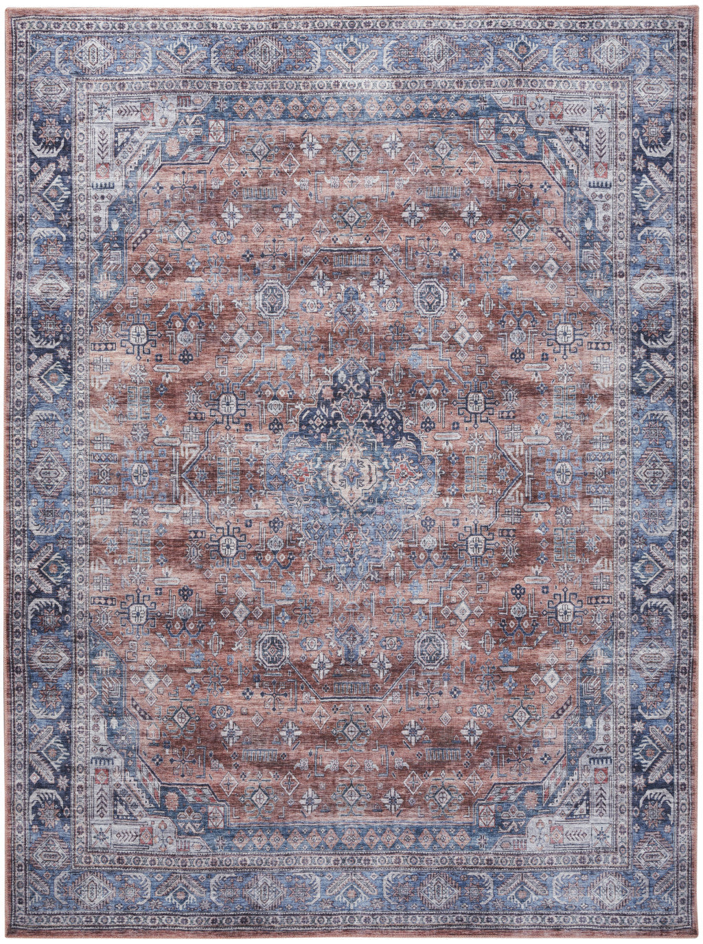 5' X 7' Blue and Red Oriental Power Loom Distressed Washable Non Skid Area Rug