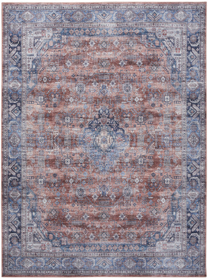 5' X 7' Blue and Red Oriental Power Loom Distressed Washable Non Skid Area Rug