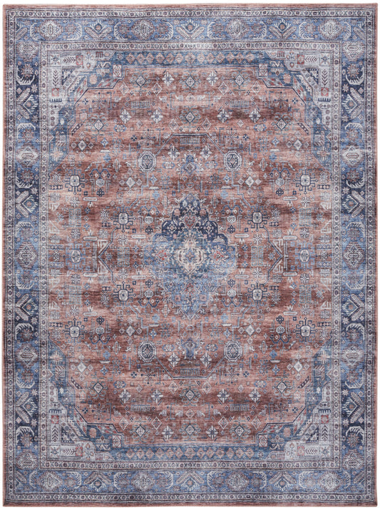 5' X 7' Blue and Red Oriental Power Loom Distressed Washable Non Skid Area Rug