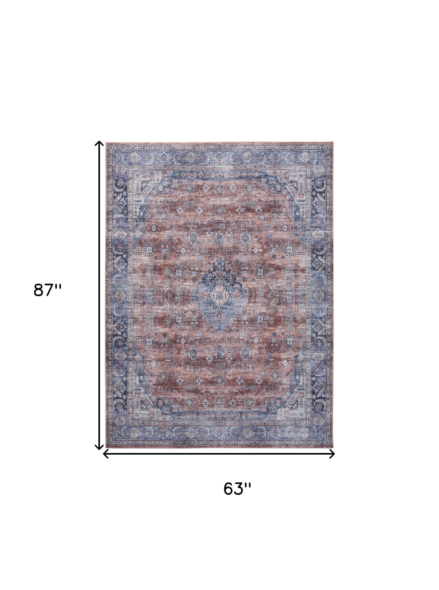 5' X 7' Blue and Red Oriental Power Loom Distressed Washable Non Skid Area Rug