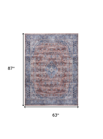 5' X 7' Blue and Red Oriental Power Loom Distressed Washable Non Skid Area Rug