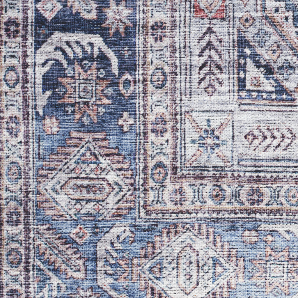 5' X 7' Blue and Red Oriental Power Loom Distressed Washable Non Skid Area Rug