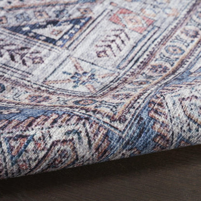 5' X 7' Blue and Red Oriental Power Loom Distressed Washable Non Skid Area Rug