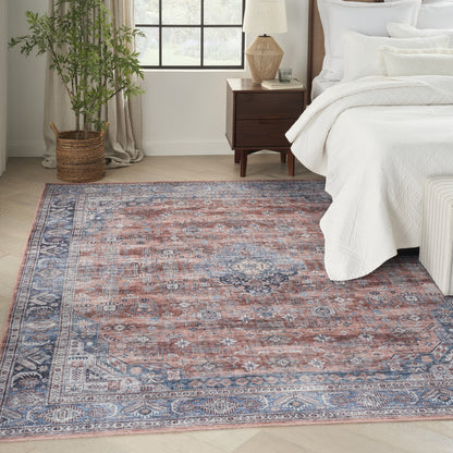 5' X 7' Blue and Red Oriental Power Loom Distressed Washable Non Skid Area Rug