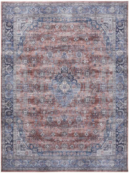 5' X 7' Blue and Red Oriental Power Loom Distressed Washable Non Skid Area Rug