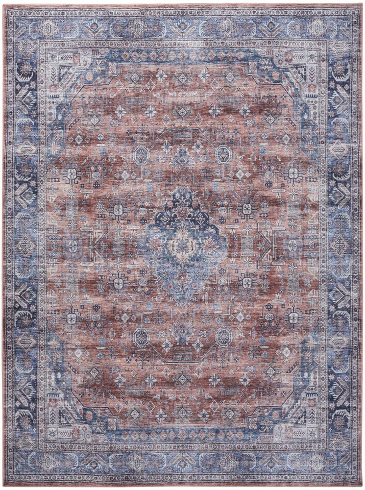5' X 7' Blue and Red Oriental Power Loom Distressed Washable Non Skid Area Rug