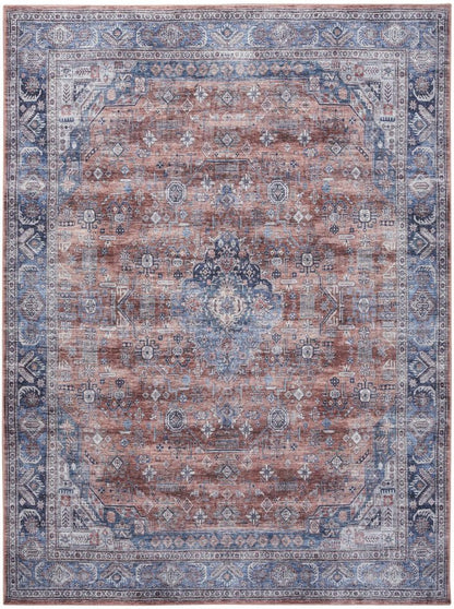 5' X 7' Blue and Red Oriental Power Loom Distressed Washable Non Skid Area Rug
