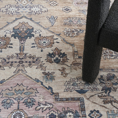 5' X 7' Beige and Gray Oriental Power Loom Distressed Washable Non Skid Area Rug