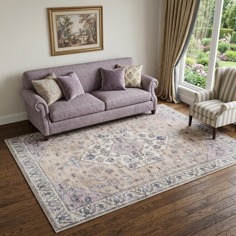 5' X 7' Beige and Gray Oriental Power Loom Distressed Washable Non Skid Area Rug