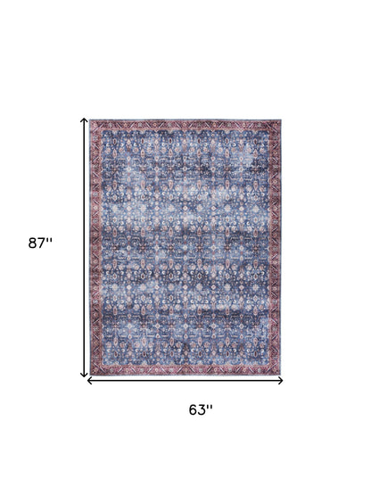 5' X 7' Blue and Red Oriental Power Loom Distressed Washable Non Skid Area Rug