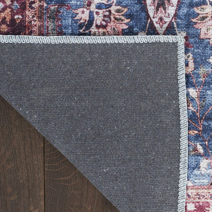 5' X 7' Blue and Red Oriental Power Loom Distressed Washable Non Skid Area Rug
