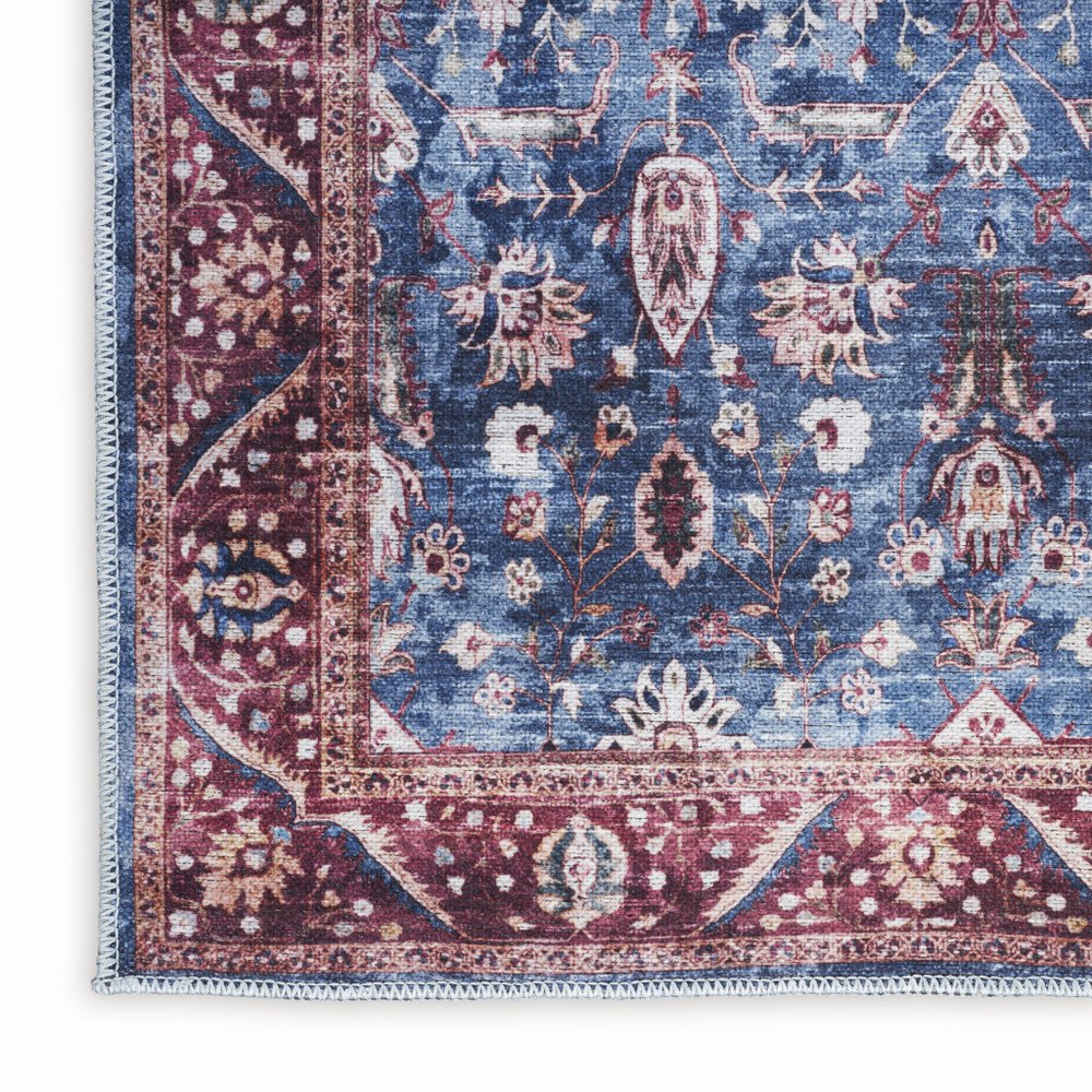 5' X 7' Blue and Red Oriental Power Loom Distressed Washable Non Skid Area Rug