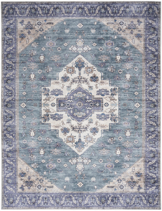 5' X 7' Blue and Green Oriental Power Loom Distressed Washable Non Skid Area Rug