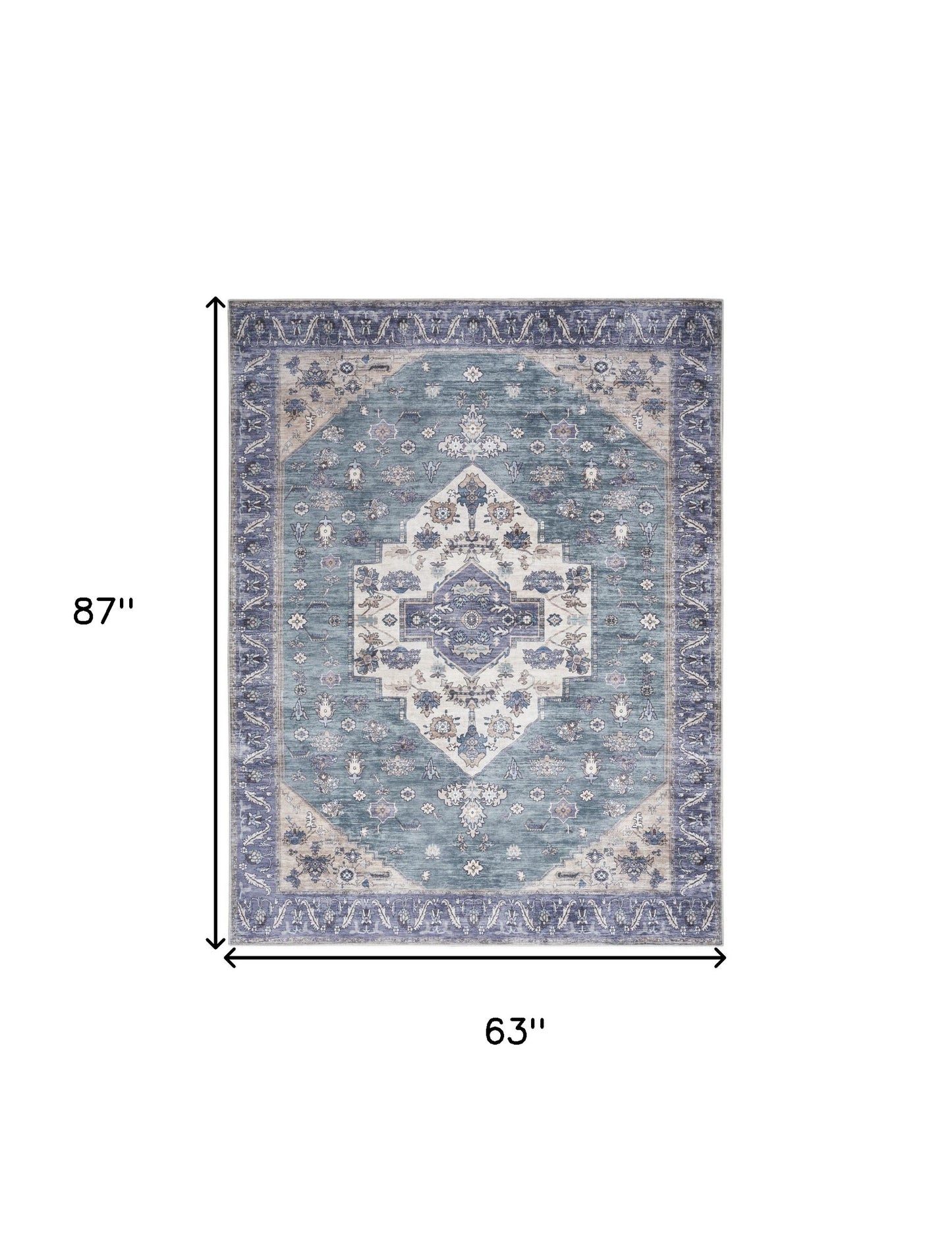 5' X 7' Blue and Green Oriental Power Loom Distressed Washable Non Skid Area Rug