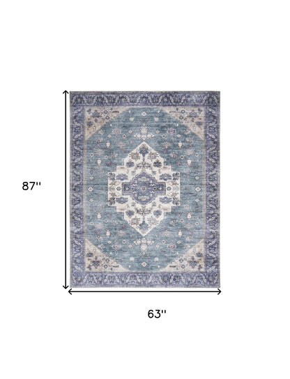 5' X 7' Blue and Green Oriental Power Loom Distressed Washable Non Skid Area Rug