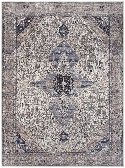 5' X 7' Ivory and Blue Oriental Power Loom Distressed Washable Non Skid Area Rug