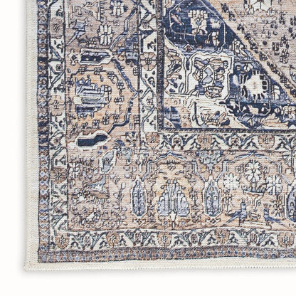 5' X 7' Ivory and Blue Oriental Power Loom Distressed Washable Non Skid Area Rug