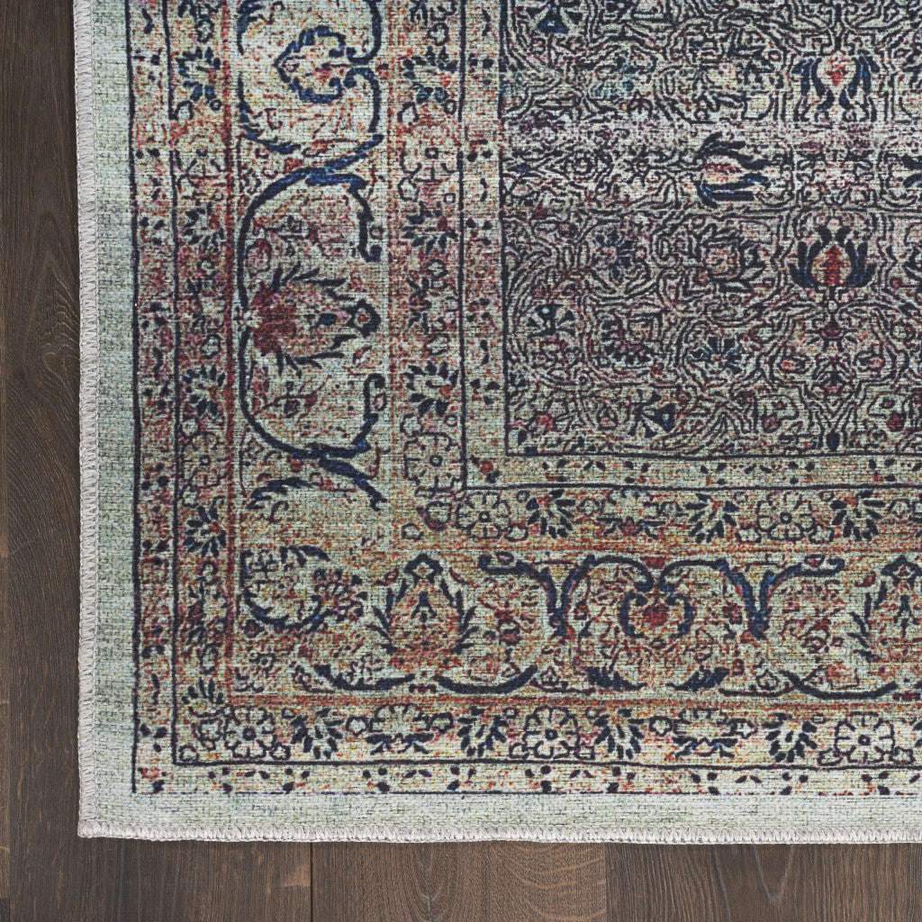 5' X 7' Blue and Brown Oriental Power Loom Distressed Washable Non Skid Area Rug