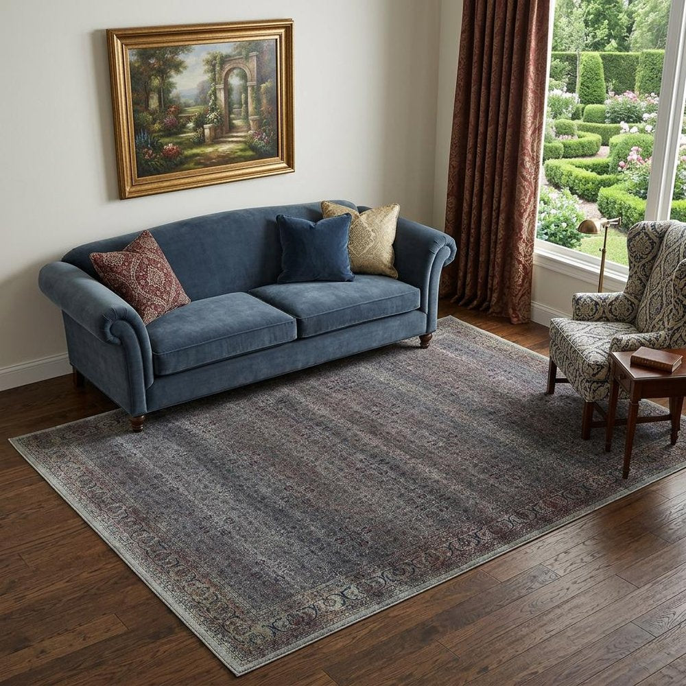 5' X 7' Blue and Brown Oriental Power Loom Distressed Washable Non Skid Area Rug